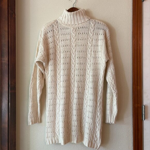 Vintage 56% Silk 15% Wool Blend Cream Cable Knit Turtleneck Sweater Dress Sz M - Picture 1 of 7